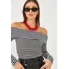 Bianco Lucci Womens Madonna Collar Striped Ribbed Long Sleeve Blouse