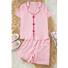 Trendyol Curve Pink Heart Embroidery and Piping Detail Viscose Woven Pajama Set