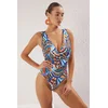 Trendyol Multicolored Ethnic Pattern Deep V-Neck Draped Regular Swimsuit
