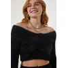 Happiness Istanbul Womens Black Cross Neck Bearded Crop Knitwear Sweater