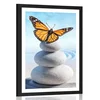 Plakat s paspartujem ravnovesje kamnov in metulj - 20x30 black