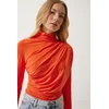 Happiness Istanbul Womens Orange Gathered Detailed High Neck Sandy Blouse