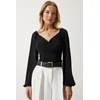 Happiness Istanbul Womens Black Elastic Balloon Sleeve Sandy Knitted Blouse
