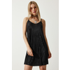 Happiness Istanbul Womens Black Strappy Pleated Summer Mini Knitted Dress