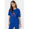 Trendyol Navy Blue 100% Cotton Cherry Printed T-shirt-Pants Knitted Pajamas Set