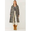 Bianco Lucci Womens Leopard Patterned Shawl Collar Detail Cashmere Coat 2476