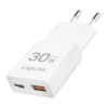 Logilink punjač 2 porta, 1 x USB type c, 1 x USB A, 30W, GaN, slim, bela