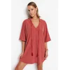 Trendyol Brown Striped Wide Fit Mini Knitted Tie Beach Dress