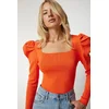 Happiness Istanbul Womens Orange Square Collar Corduroy Knitwear Blouse