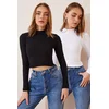 Happiness Istanbul Womens Black and White 2 Pack Ribbed Turtleneck Crop Knitted Blouse