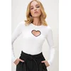 Trend Alaçati Stili Womens White Crew Neck Heart Embroidery Decollete Camisole Blouse