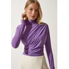 Happiness Istanbul Womens Lilac Gathered Detailed High Neck Sandy Blouse