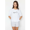 Trendyol White Striped Slogan Printed Cotton T-shirt-Shorts Knitted Pajama Set