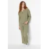 Trendyol Green Waffle Tshirt-Pants Knitted Pajamas Set