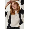 Happiness Istanbul Womens Cream Black Striped Seasonal Knitwear Sweater
