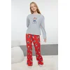 Trendyol Grey Melange Printed Jersey Knitted Pajama Set