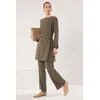 Trendyol Dark Khaki Eyelet Tie Detail Aerobin Tunic-Pants Set
