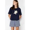 Trendyol Navy Blue 100% Cotton Teddy Bear Printed Knitted Pajamas Set