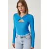 Happiness Istanbul Womens Vivid Blue Cut Out Detailed Ribbed Knitted Blouse