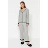 Trendyol Gray Melange 100% Cotton Ruffled Welt Shirt-Pants Knitted Pajamas Set