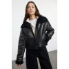 Trendyol Brown Oversize Molded Plush Detail Biker Jacket Coat