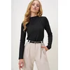 Trend Alaçati Stili Womens Black Stand Collar Ribbed Stitched Buzy Blouse