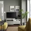 BESTA TV stalaža s fiokama, bela/Kallviken/Stubbarp svetlosiva, 120x42x48 cm