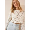 Happiness Istanbul Womens Cream Spanish Sleeve Openwork Crop Knitwear Sweater