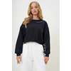 Trend Alaçati Stili Womens Black Crew Neck Sleeve and Collar Print Detailed Three Thread Raised Sweatshirt