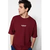 Trendyol Burgundy Oversize/Wide-Fit 100% Cotton Minimal Text Printed T-Shirt