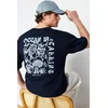 Trendyol Navy Blue Oversize/Wide Fit Back Fluffy Text Printed 100% Cotton T-shirt
