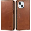 SHIELDON Usnjena Preklopna Torbica za iPhone 15 – Denarnica RFID + Stojalo (Retro Rjava)