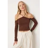 Happiness Istanbul Womens Brown Crossed Thread Knit Blouse