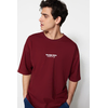 Trendyol Burgundy Oversize/Wide-Fit 100% Cotton Minimal Text Printed T-Shirt