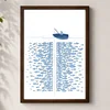 WallXpert uramljena MDF slika 3752KACT-003, ribar u čamcu iznad jata plavih riba na beloj, 37 x 52 cm