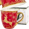 Velika skodelica v škatli, porcelanasta, za božično darilo, rdeča, zlata, severni jeleni