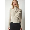Happiness Istanbul Womens Cream Shirring Detail Standing Collar Sandy Blouse