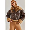 Bianco Lucci Womens Furry Leather Coat with Side Pockets