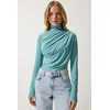Happiness Istanbul Womens Aqua Green Gathered Detailed High Neck Sandy Blouse