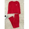 Trendyol Curve Red Ribbed Printed Knitted Pajama Set