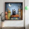WallXpert uramljena MDF slika DOS012-70, čupava crna mačka na krovu pod polumesecom, 70 x 70 cm