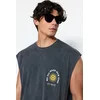 Trendyol Anthracite Oversize/Wide Cut Faded Effect Text Print 100% Cotton T-Shirt/Athlete