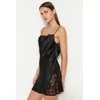 Trendyol Black Lace and Degaje Detailed Rope Strap Satin Woven Nightdress
