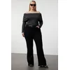 Trendyol Curve Black Lurex Corded Carmen Collar Knitwear Blouse