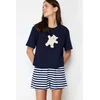 Trendyol Navy Blue 100% Cotton Teddy Bear Printed Knitted Pajamas Set