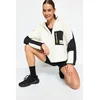 Trendyol Ecru Color Blocked Fleece and Parachute Fabric Detailed Wide Pattern Knitted Sports Sweatshirt