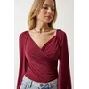 Happiness Istanbul Womens Cherry Elastic Balloon Sleeve Sandy Knitted Blouse