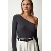 Happiness Istanbul Womens Anthracite Open Shoulder Corded Knitted Blouse