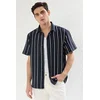 Trendyol Navy Blue Oversize Fit Short Sleeve Striped Etamine Summer Shirt
