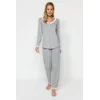 Trendyol Gray Cotton Polka Dot Lace Detailed Tshirt-Pants Knitted Pajamas Set